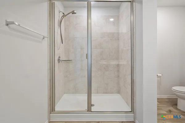 a bathroom with a shower and toilet
