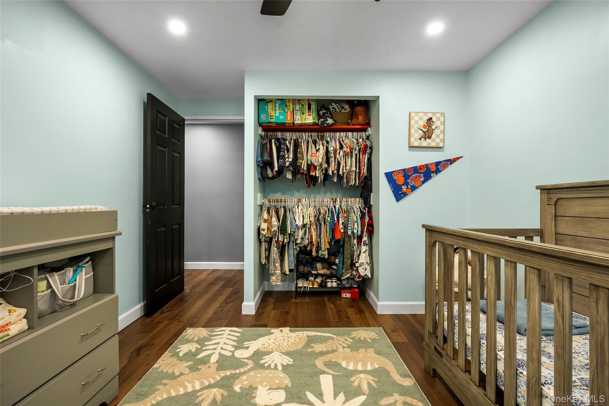 19 Corvette Road Selden, NY 11784 - Photo 16 of 28 Bedroom with dark wood-style flooring, a crib, a closet, and recessed lighting