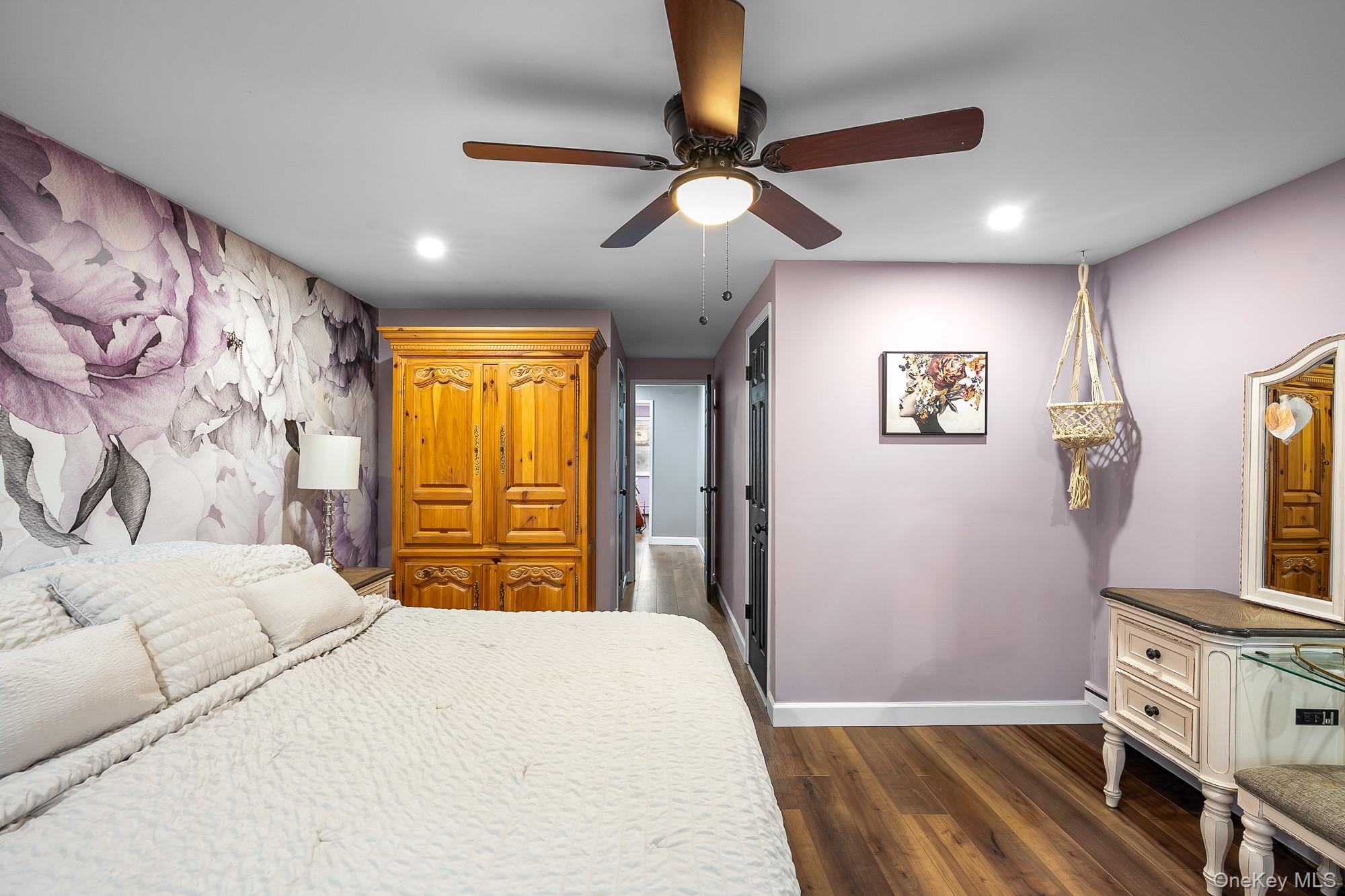 19 Corvette Road Selden, NY 11784 - Photo 22 of 28 Bedroom featuring dark wood finished floors, recessed lighting, and a ceiling fan