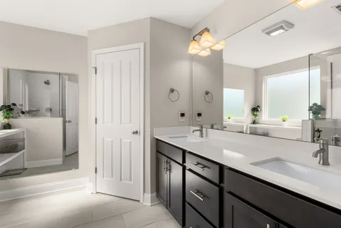 a bathroom with a double vanity sink mirror and