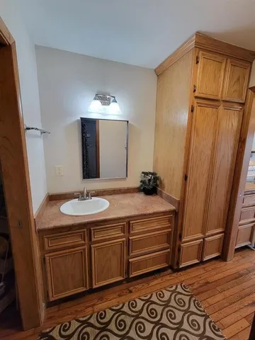 a bathroom with a sink and a mirror