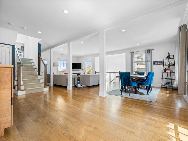 a view of a dining room with furniture and a table kitchen