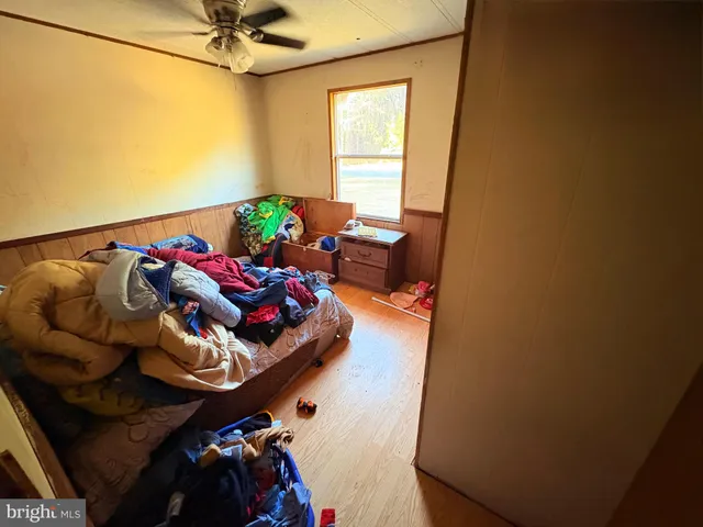 a living room with furniture and a ceiling fan
