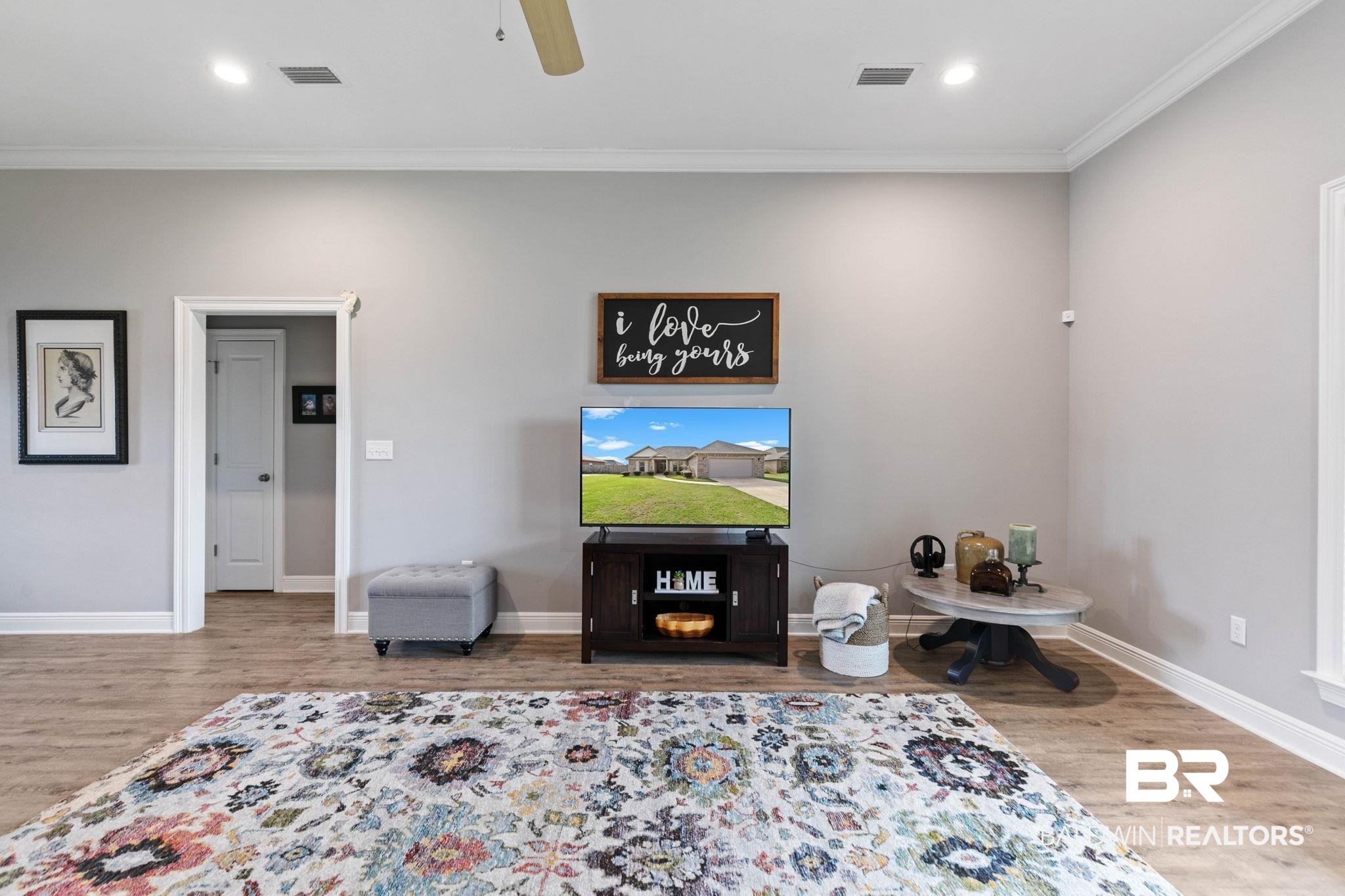 9388 Pembrook Loop Fairhope, AL 36532 - Photo 14 of 53 Living room featuring light wood finished floors, crown molding, a ceiling fan, and recessed lighting