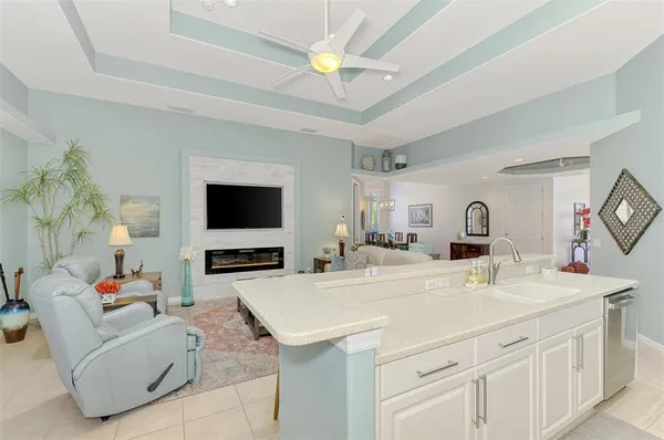 a living room with furniture and a table