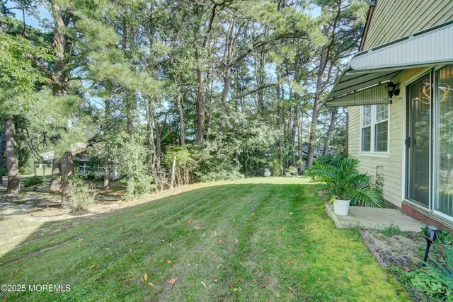 a view of a house with a yard and potted plants