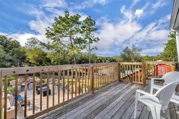 a view of a park with large trees
