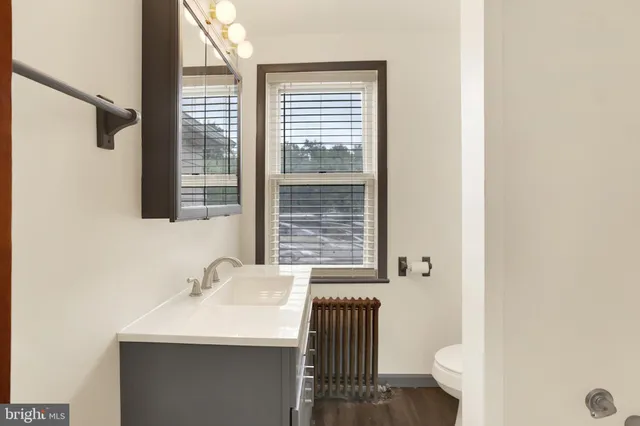 a bathroom with a sink toilet and mirror