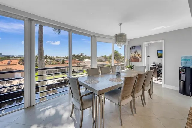 a view of a dining room with furniture window and outside view