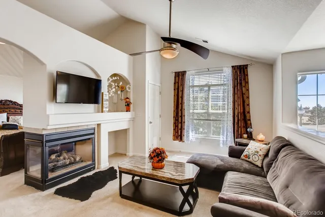 a living room with furniture a flat screen tv and a fireplace