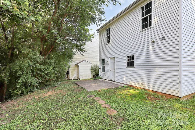a view of a backyard with plants and large tree