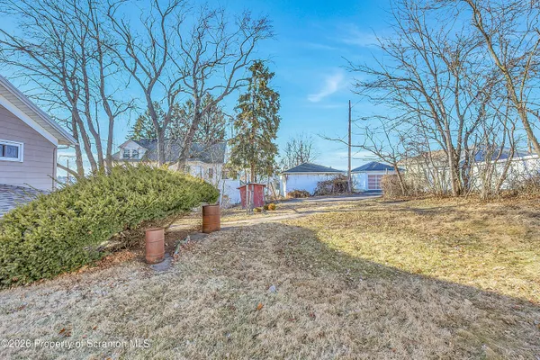 a backyard of a house with large trees and covered with snow