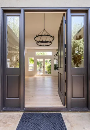 a view of a room with a chandelier and potted plants