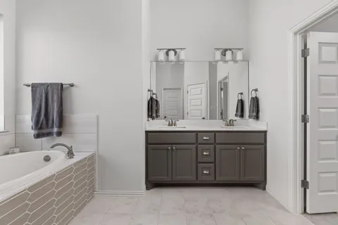 a bathroom with a tub sink and mirror