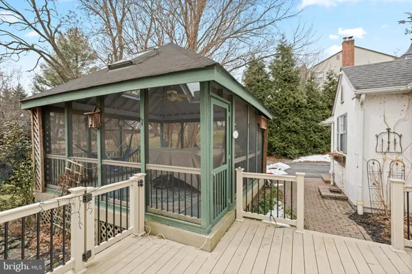 a view of a wooden deck and a backyard