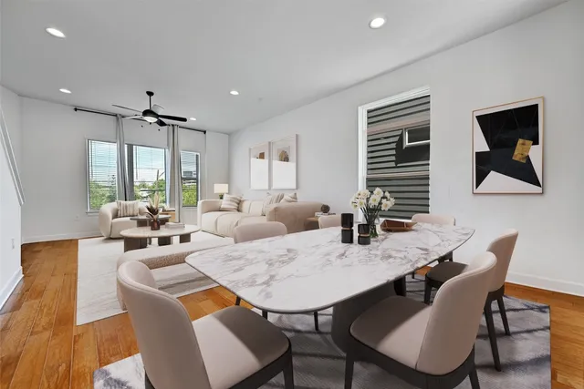 a view of a dining room with furniture