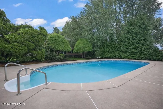 a view of a swimming pool with an outdoor seating and plants