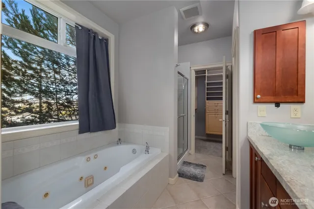 a bathroom with a tub a sink and a shower