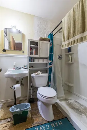 a bathroom with a sink a toilet and shower curtain