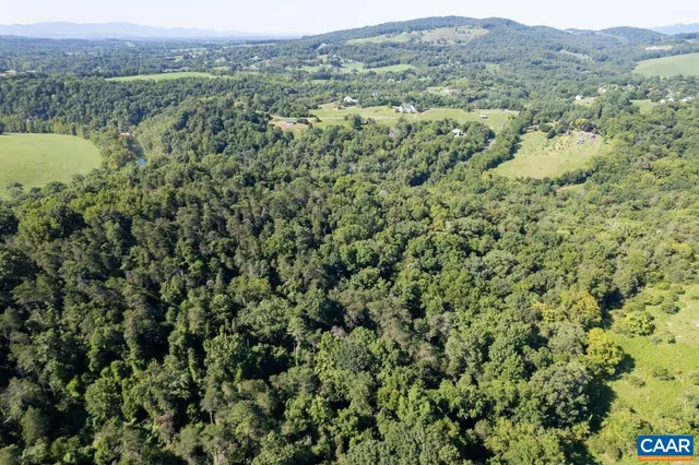 an aerial view of a houses with a lush green forest