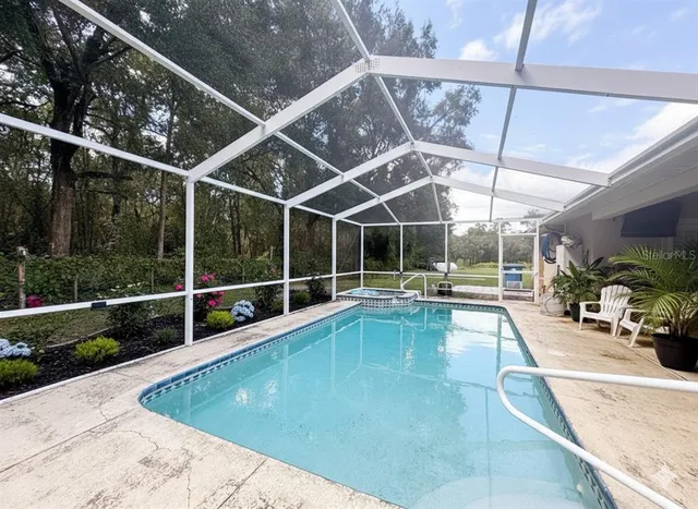 a view of a swimming pool with a patio and plants