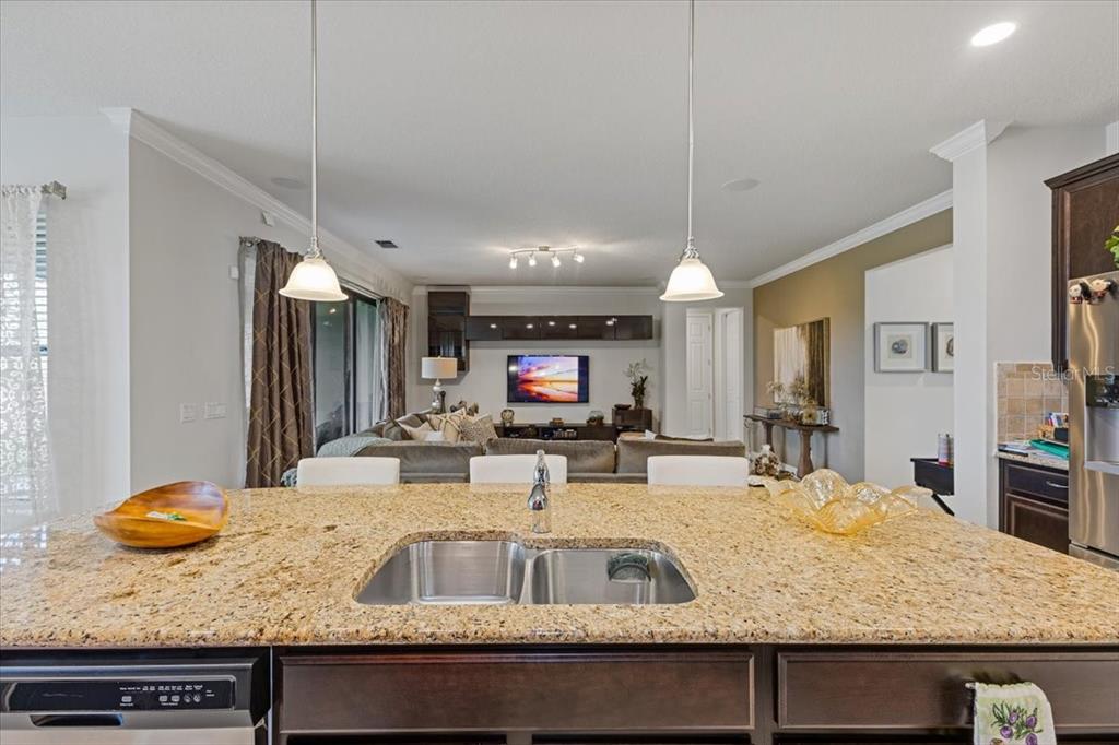 7180 Beek Street Windermere, FL 34786 - Photo 6 of 33 a kitchen with kitchen island granite countertop a sink a counter top space and living room view