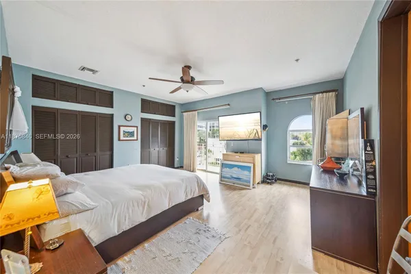 a bedroom with two beds and painting on the wall