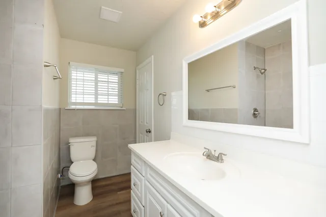 a bathroom with a sink a toilet and shower
