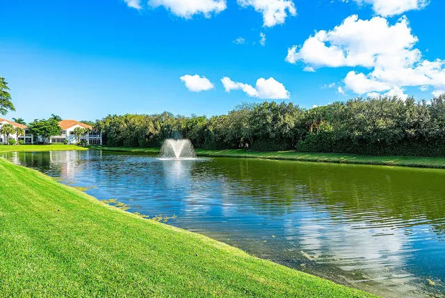 a view of a lake with houses in the background