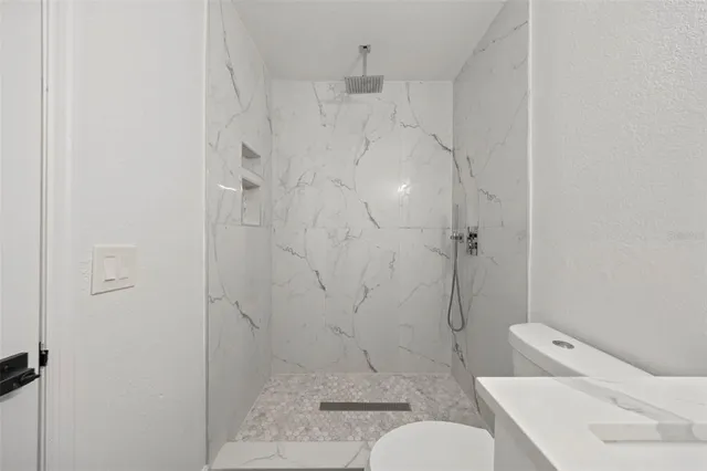 a bathroom with a shower and toilet