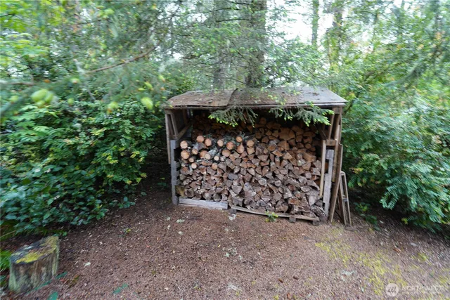 a view of a backyard with large trees