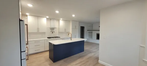 a kitchen with a sink cabinets stainless steel appliances and a window