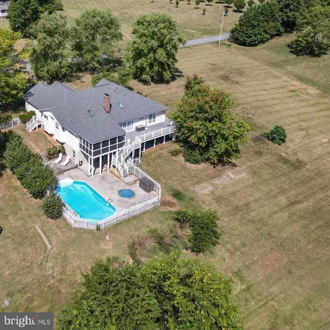 a view of a backyard with large trees