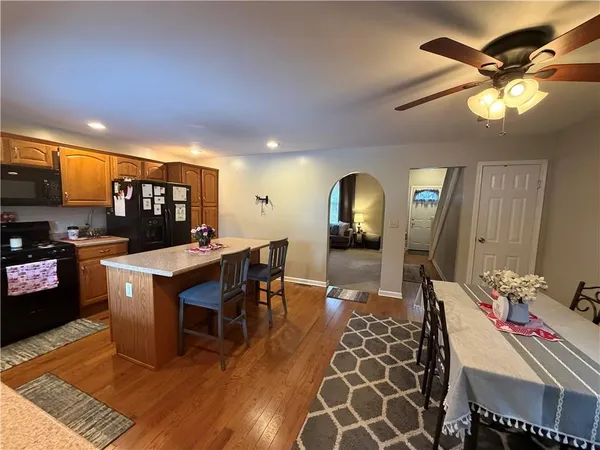 a view of a dining room with furniture