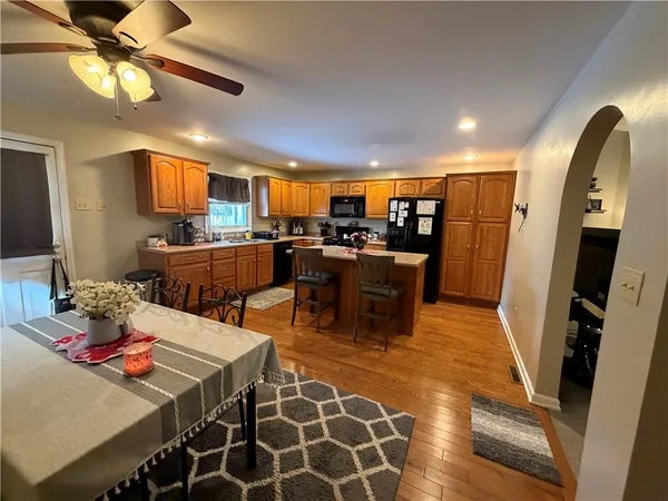 a view of a dining room with furniture