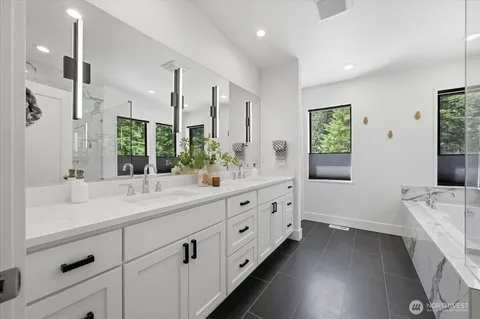 a bathroom with double vanity sink a mirror a vanity and a shower