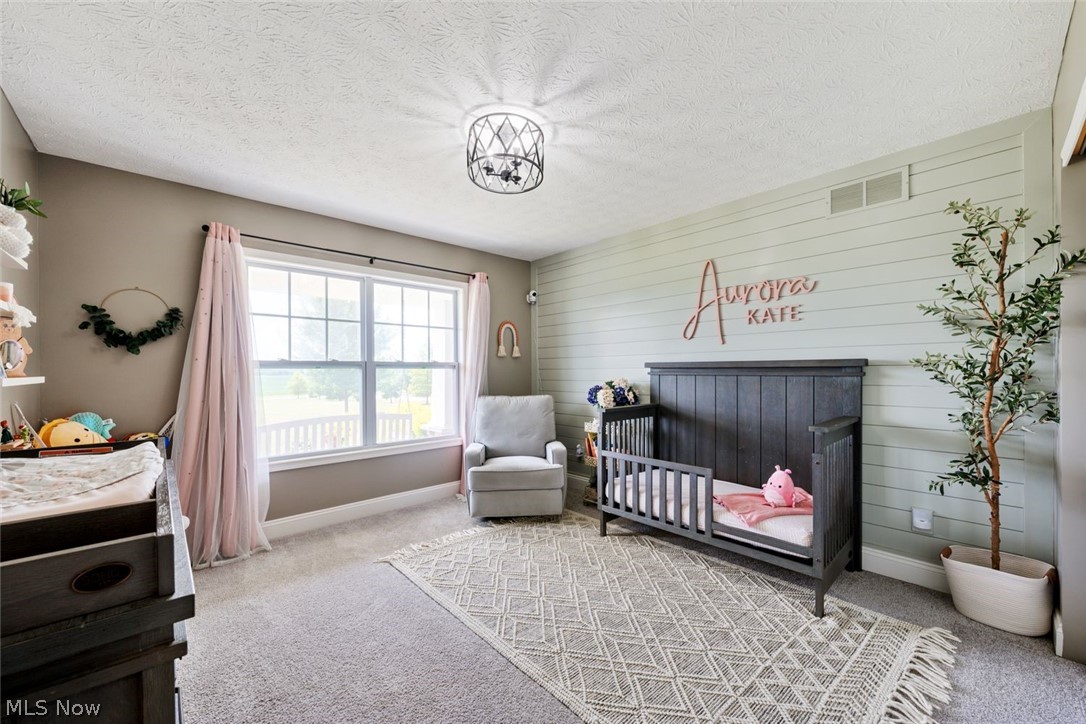 6517 Stone Road Medina, OH 44256 - Photo 23 of 47 Bedroom featuring a textured ceiling, light carpet, and a nursery area