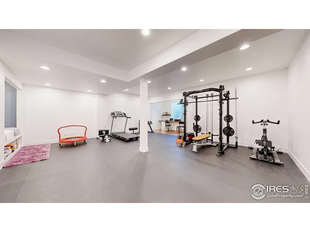 a living room with furniture and a gym machine