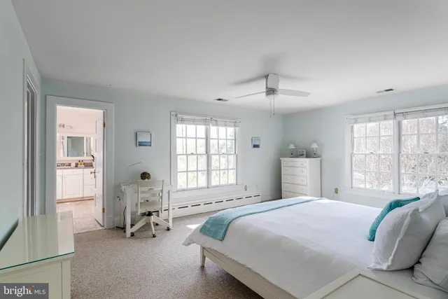 a spacious bedroom with a bed and a large window