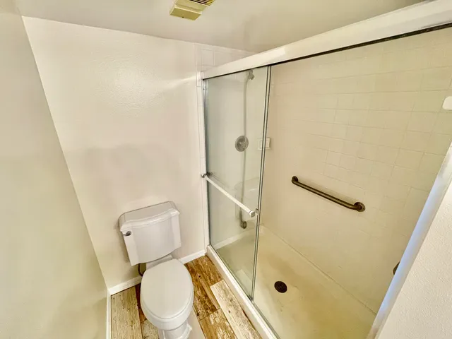 a bathroom with a shower and toilet