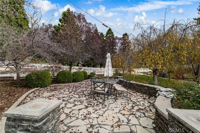 a backyard of a house with table and chairs