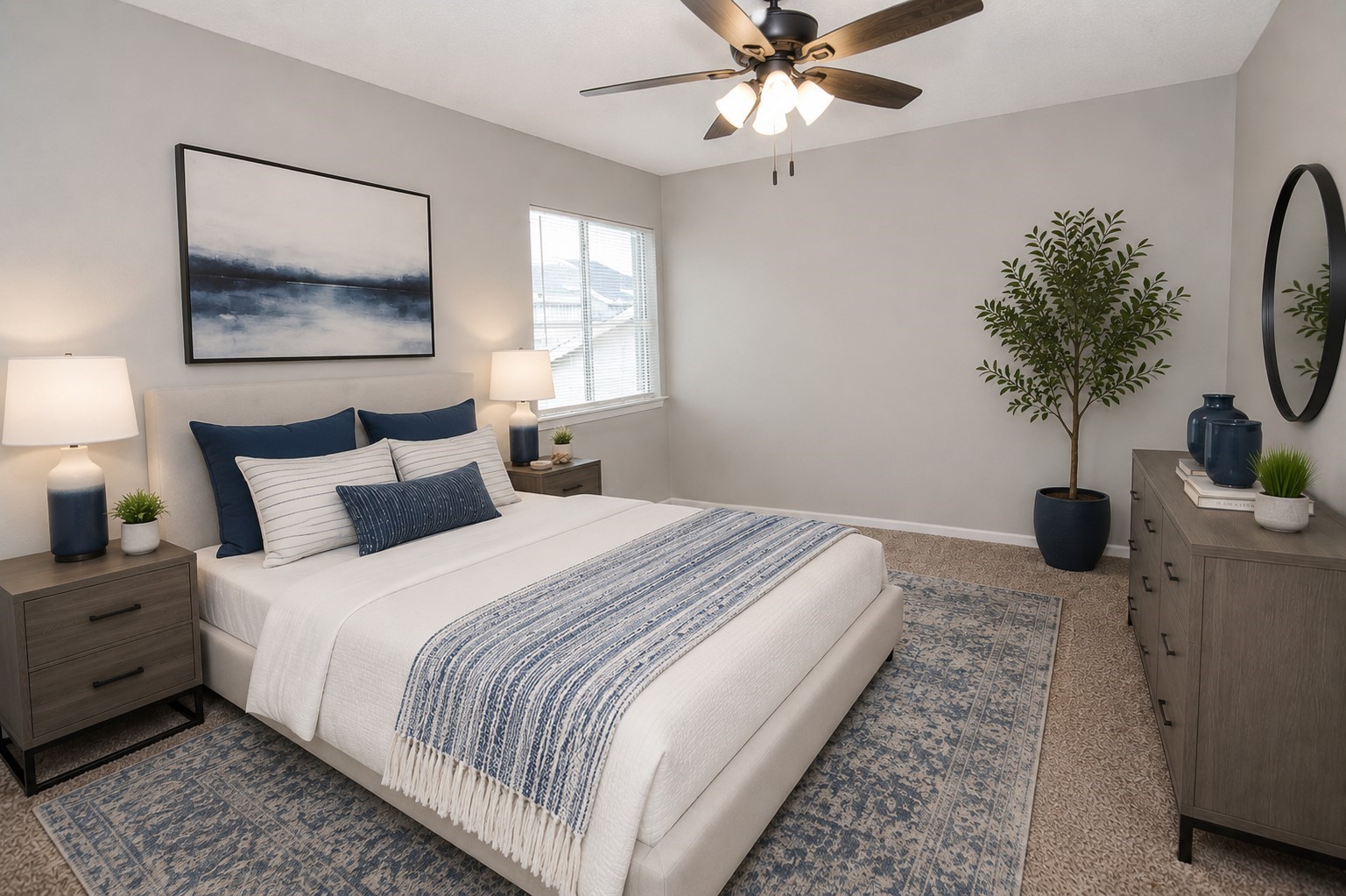 13009 Wirevine Lane Houston, TX 77072 - Photo 12 of 18 Primary carpeted bedroom with neutral walls, a ceiling fan, and a window for natural light. 2 closets.