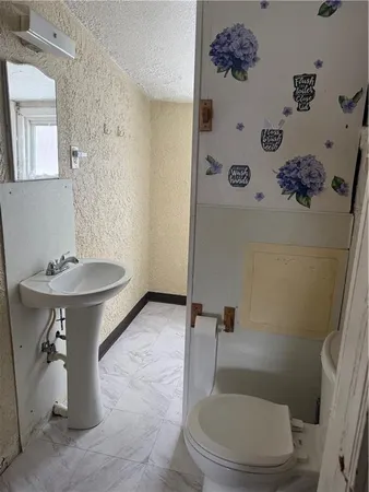 a bathroom with a sink a toilet and mirror