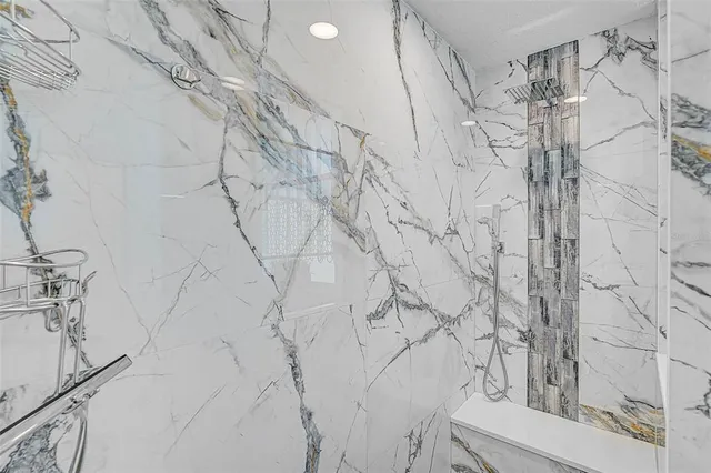 a bathroom with a shower curtain