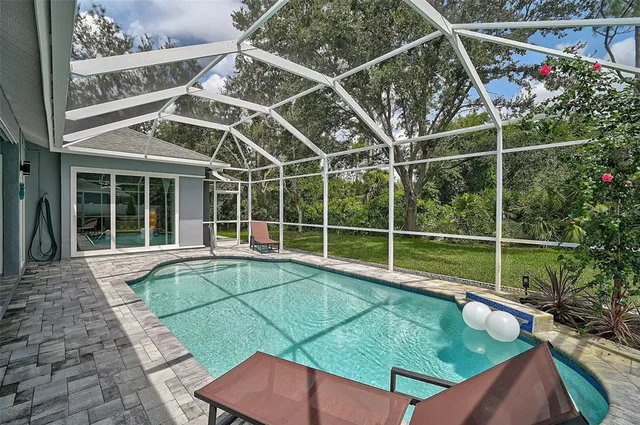 a view of a backyard with a swimming pool