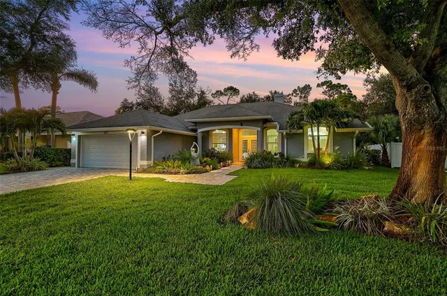 a view of a house with backyard and a tree