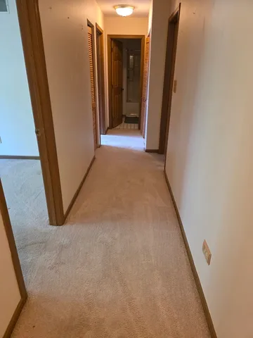 a view of a hallway with wooden floor and a door