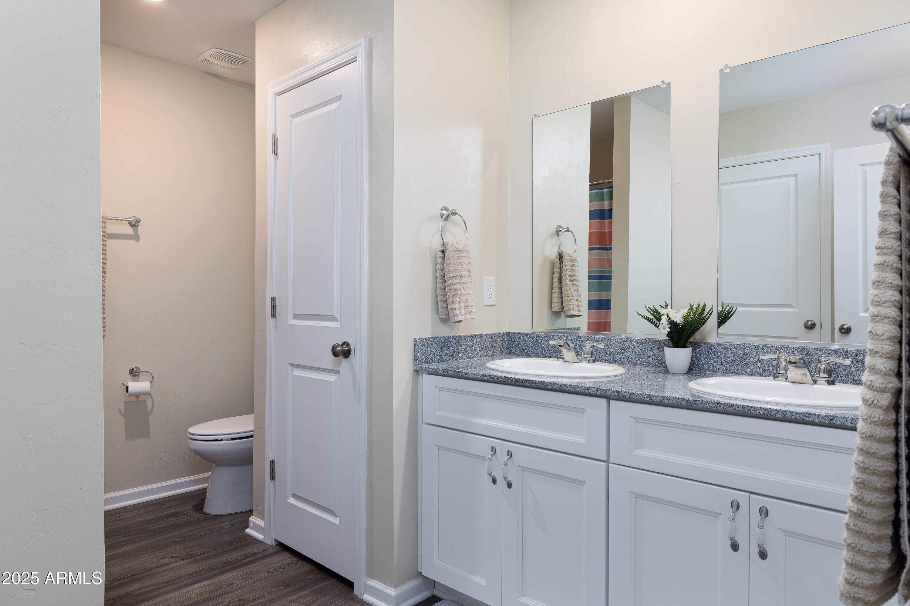 1256 South Lenora Loop Benson, AZ 85602 - Photo 19 of 34 a bathroom with a granite countertop sink a toilet and a large mirror