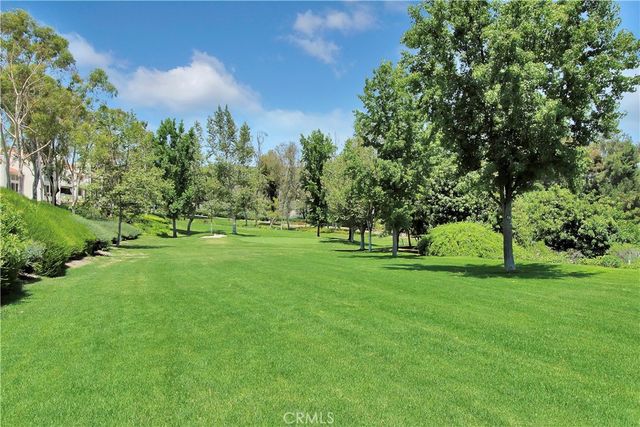a view of a park with trees in the background