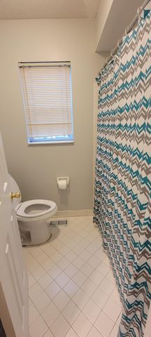 a bathroom with a toilet and a shower curtain
